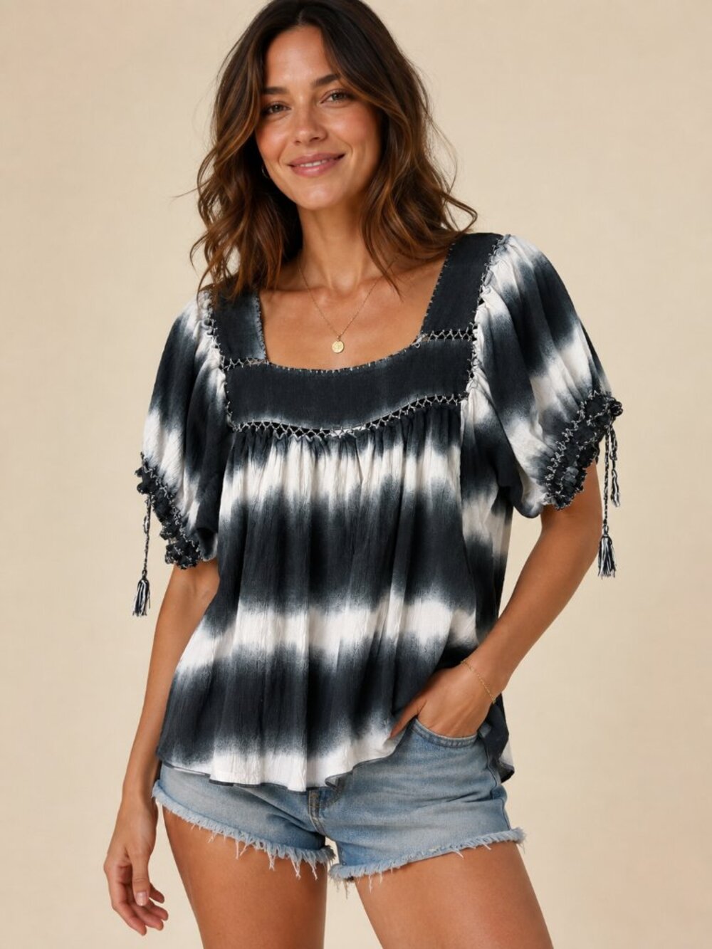 ECI New York Tie Dye Crochet Peasant Blouse Size L Black White Boho